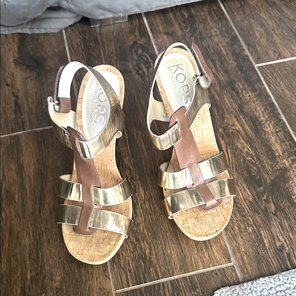 KORS Michael Kors Gold and Brown Sandals, cork heel. EUC!